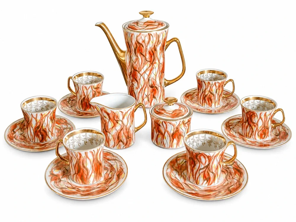 Vintage Włocławek Poland 17 Pc Porcelain Tea Coffee Set Abstract Flame Gold Trim